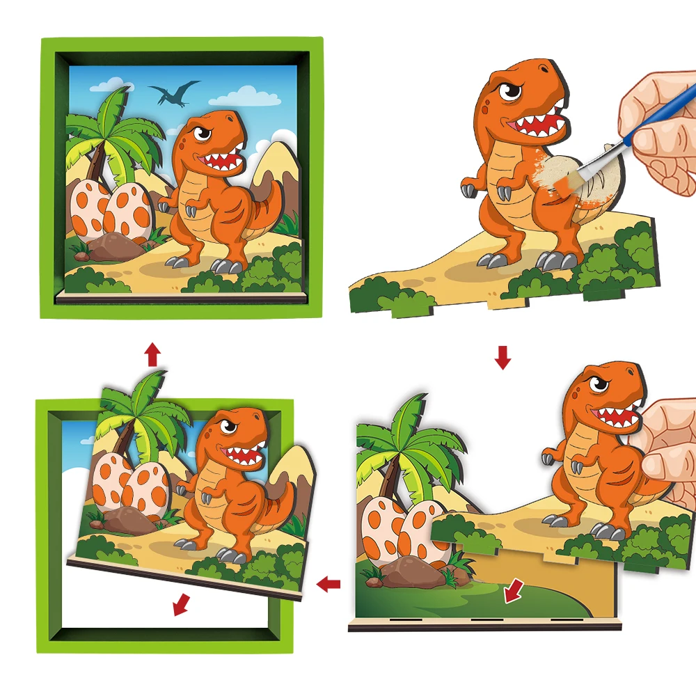 Hot Selling Product 2024 Diy Painting Toys Age 6+ Unisex Art And Craft Kit For Kid dinosaur 3d Wood Frame For Home&School