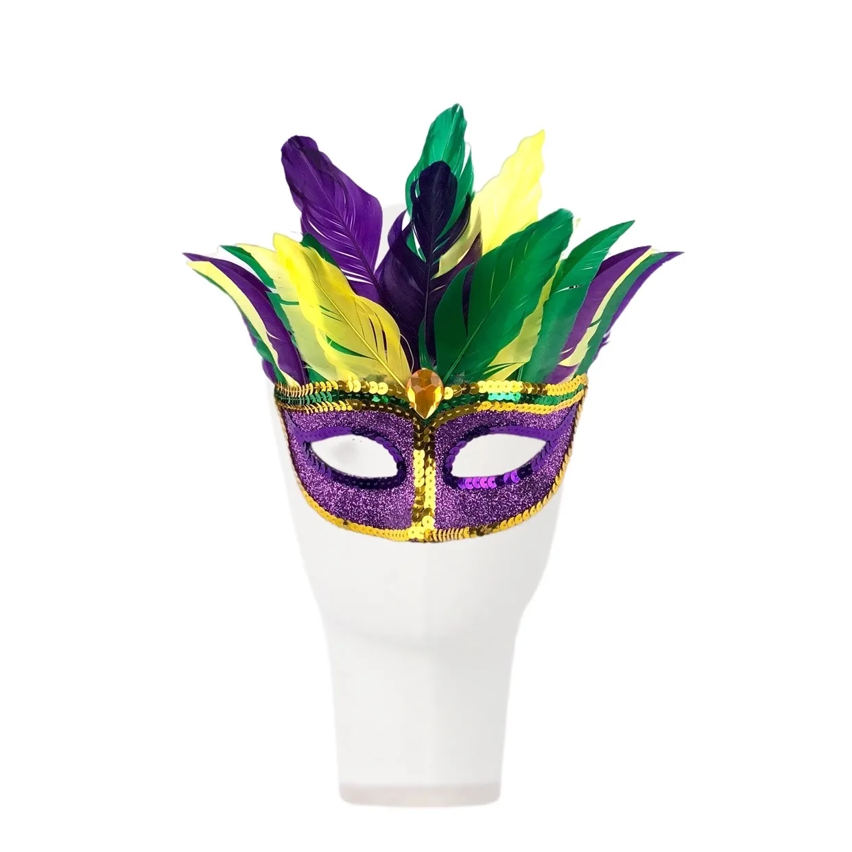 Carnival Party Parades Fluffy Feather Mask Mardi Gras Queen Mask Parade Masque Feather Leather Sequins Facial Mask