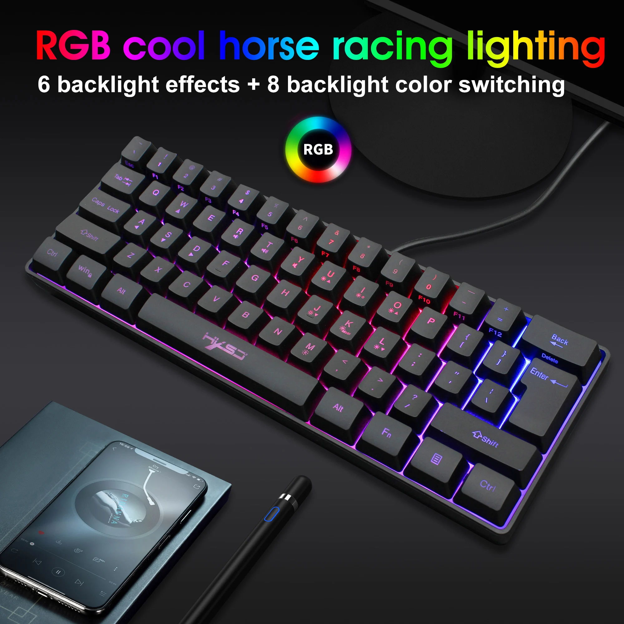 HXSJ 2021 Новый USB Проводная игровая мини клавиатура мембранная RGB подсветкой 61-клавишная ноутбука АБС офисные туфли черного