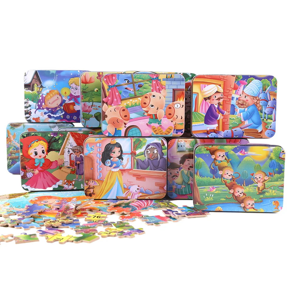 HY Toys Box 100 Pieces of Wooden Jigsaw Puzzle Kindergarten Baby Opening Gift Animation Cartoon Plane Brain Early Education Toys
