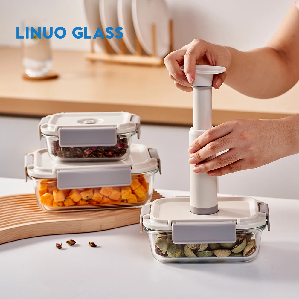 LINUO custom logo kitchen keep fresh meal prep box refrigerator food vacuum seal glass container pump for vacuum food