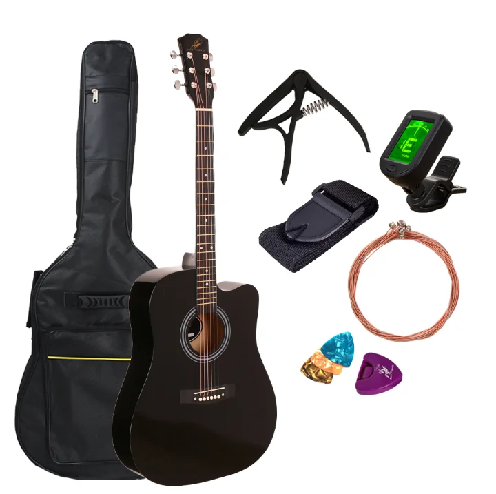 E shop best seller 41 inch OEM Custom Linden Beginner Acoustic Guitar Set with Bag Plastic Capo Digital Tuner Picks String set