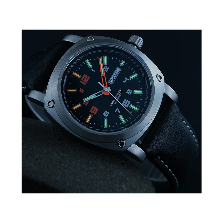 Custom cow leather strap week date calendar ETA movement diving man mechanical wristwatch