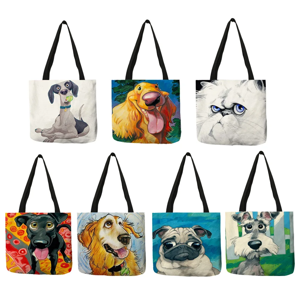 Lovely Animal Painting Women Handbag Christmas Hatted Dog Cats Eco Linen Good Quality Pretty Decoration Tote Bag Daily Use