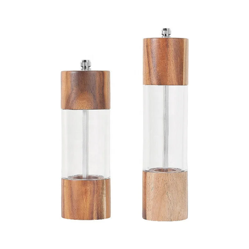 Ready to ship food safe Acrylic Salt Pepper Grinder Set Salt and Pepper Mills Wooden Shakers with Adjustable Ceramic core