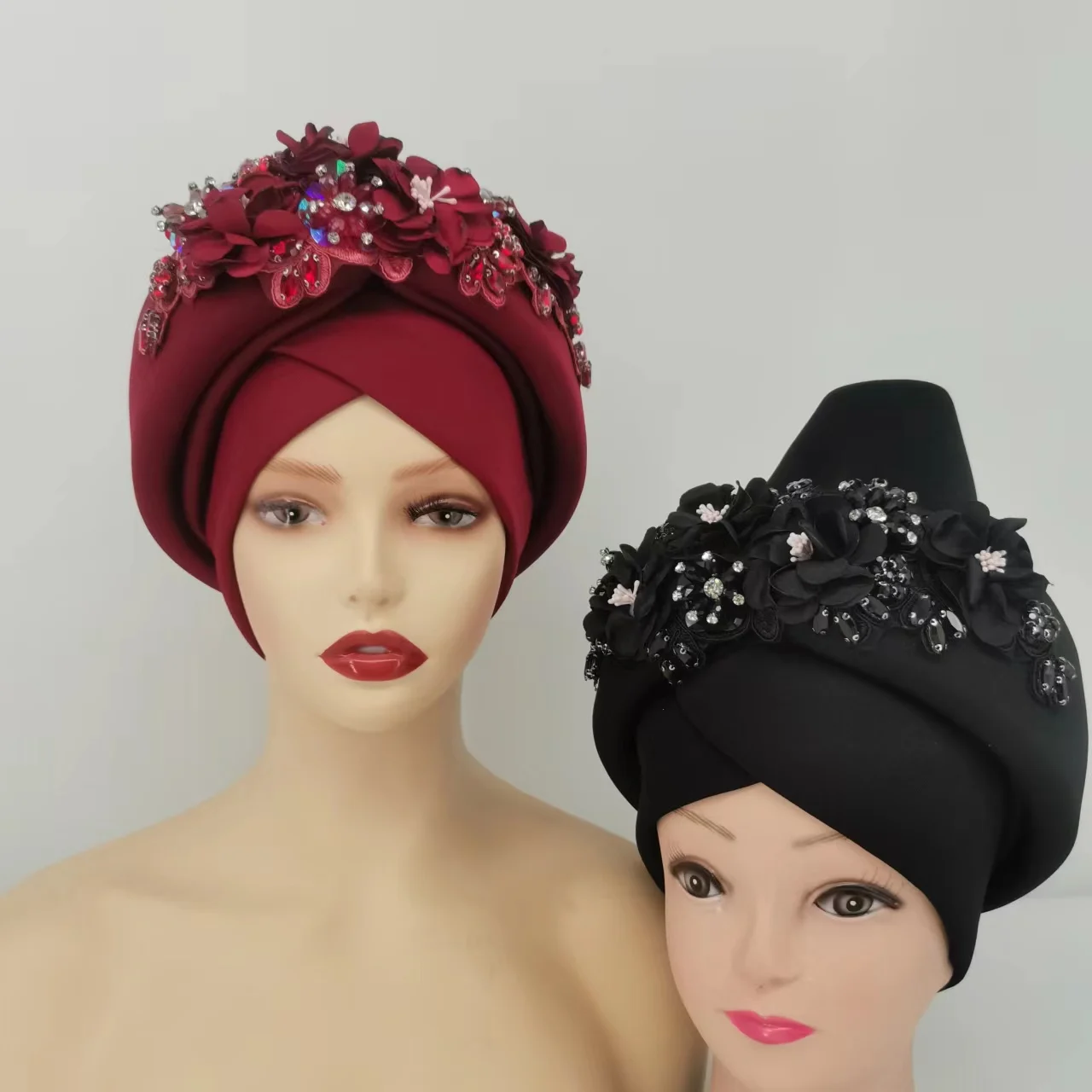 2022 New arrival luxury flower crystal decorations Muslim women wedding headwrap turban for laides