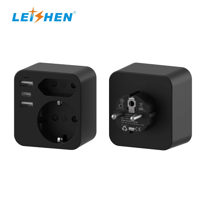 2023 Newest Hot Selling 250V 16A Fuse EU to EU Plug 7 IN ONE German to German USB Travel Adapter With Type-C  5V/3.4A