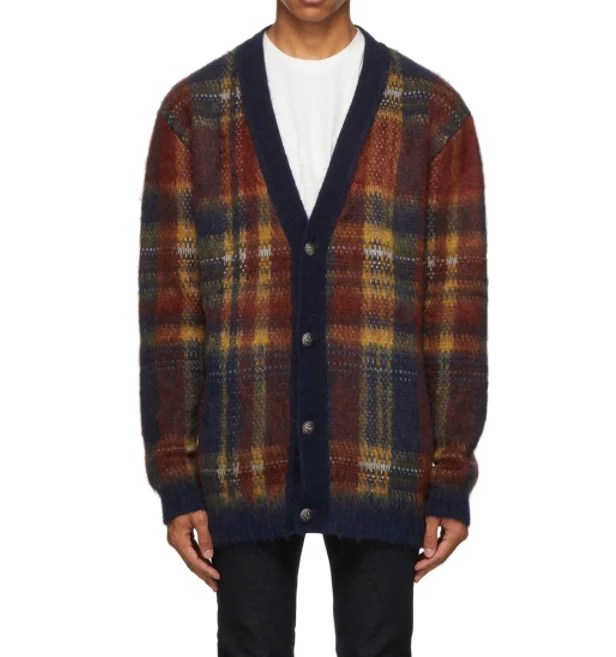 FYB stylish long sleeves v-neck Striped pattern Multi-color Knit Check Jacquard Plaid Cardigan sweater