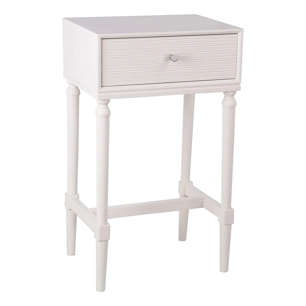White 1 Drawer Wooden Accent Stand Bedside Table Night Stand with Tapered Turned Legs