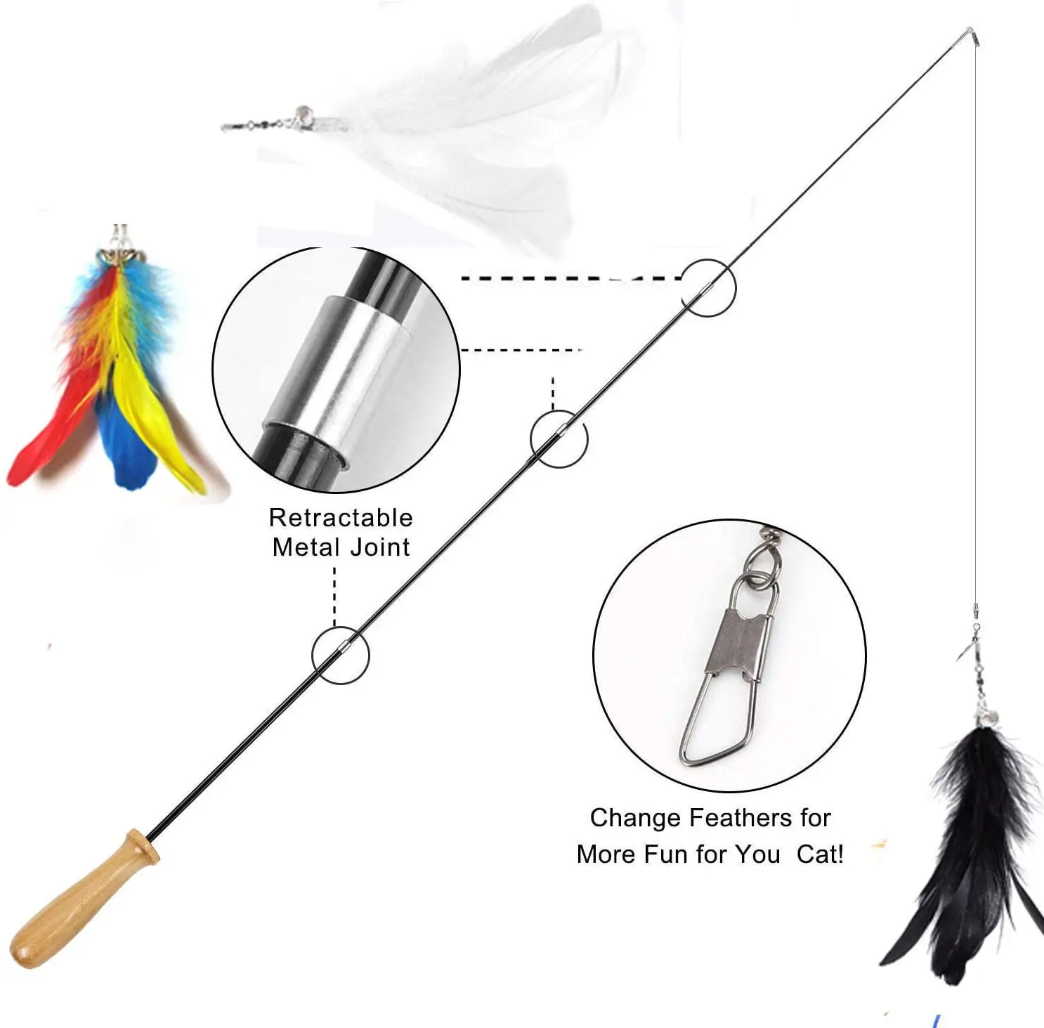 Fishing Rod Design Retractable Wand Stick Teasery feather Interactive Pet Cat Teaser Stick Toys With Soft Handle