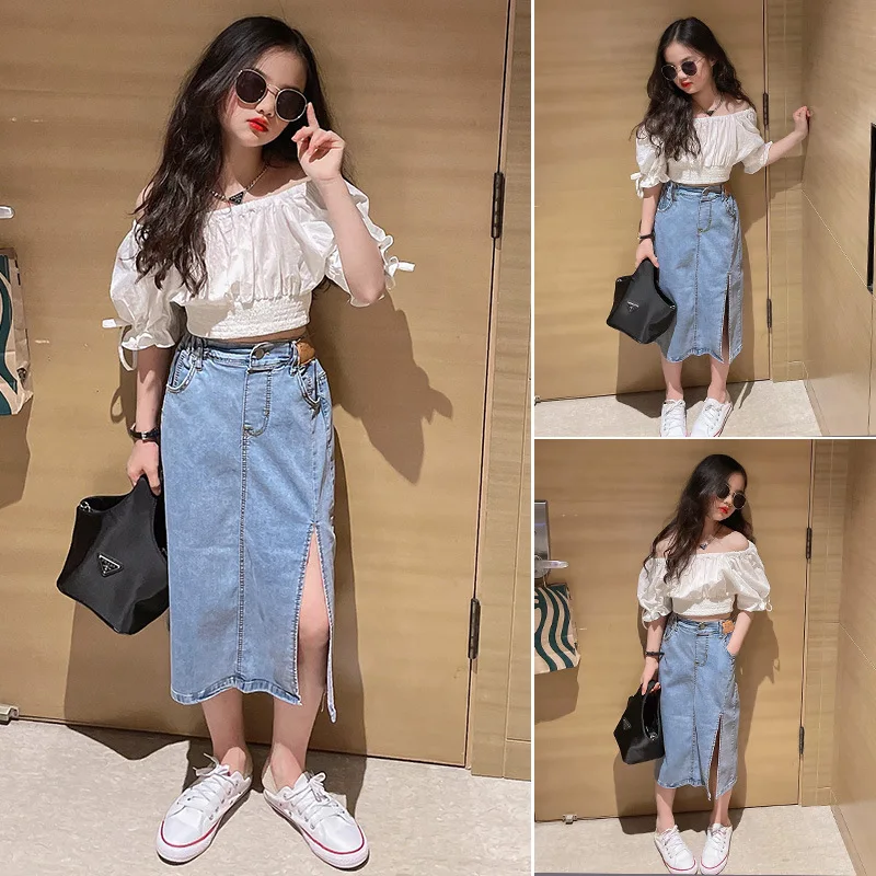 Korean Style Summer Baby Dresses Outfits Shirt And Denim Skirt 2pcs Sweet Teenager Girl Clothing Set