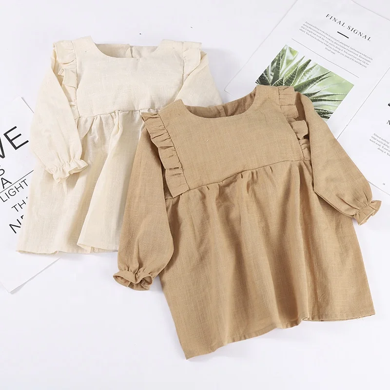 Spring Autumn Baby Princess Dresses  Solid Color  Linen Cotton Long Sleeve Baby Girl Toddler Baby Dress