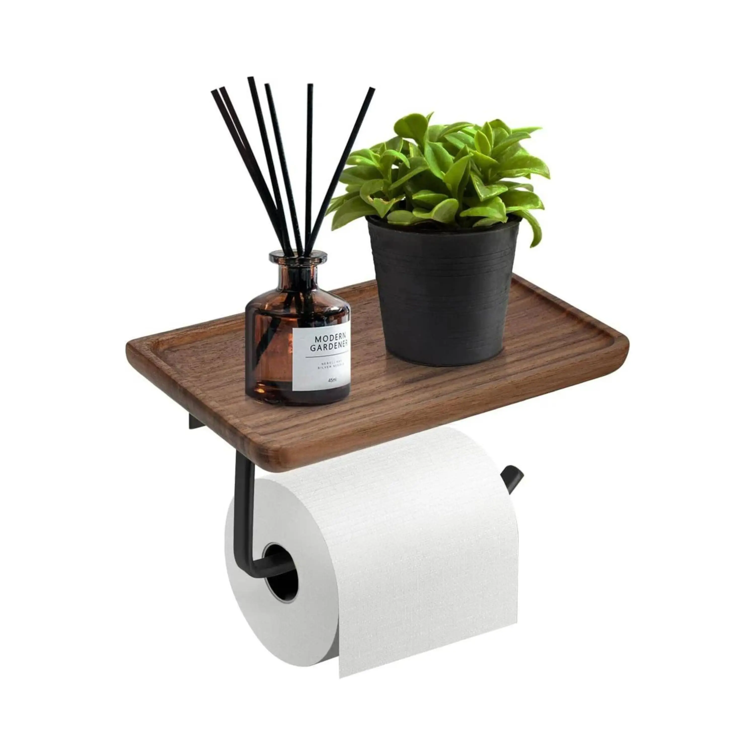 Skymoving New Wall Mounted Toilet Paper Towel Roll Holder with Shelf Wooden Self Adhesive Metal Tissue Roll Holder for Bathroom