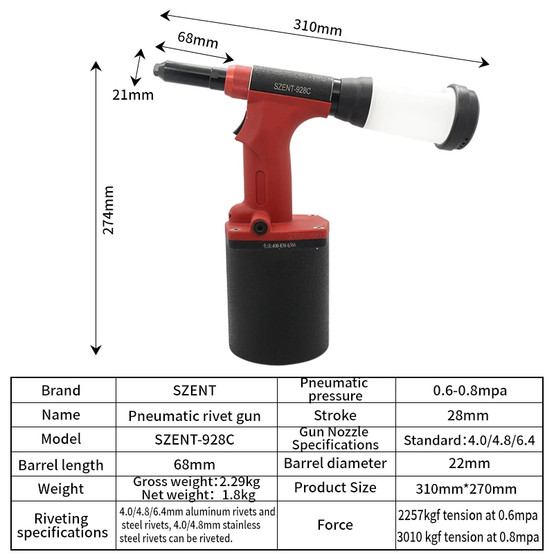 SZENT-928C Industrial Grade Air Tools Stainless Steel Rivet Gun 4.0-6.4mm Pneumatic Rivet Tool