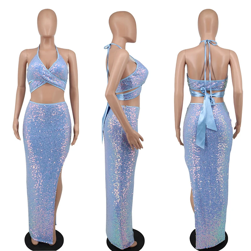 2022 Hot mesh sequined skirts two piece set clothing