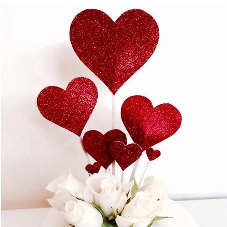 Partysu red heart cake topper valentines day frosting cake toppers happy birthday wedding party glitter red heart cake topper
