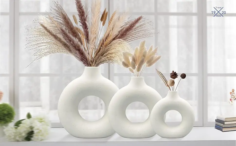 Donuts Ceramic Vase Round Hollow Plant Pot Home Decor Dried Flower Grass Art Desk Office Living Room Desktop Ornament Table