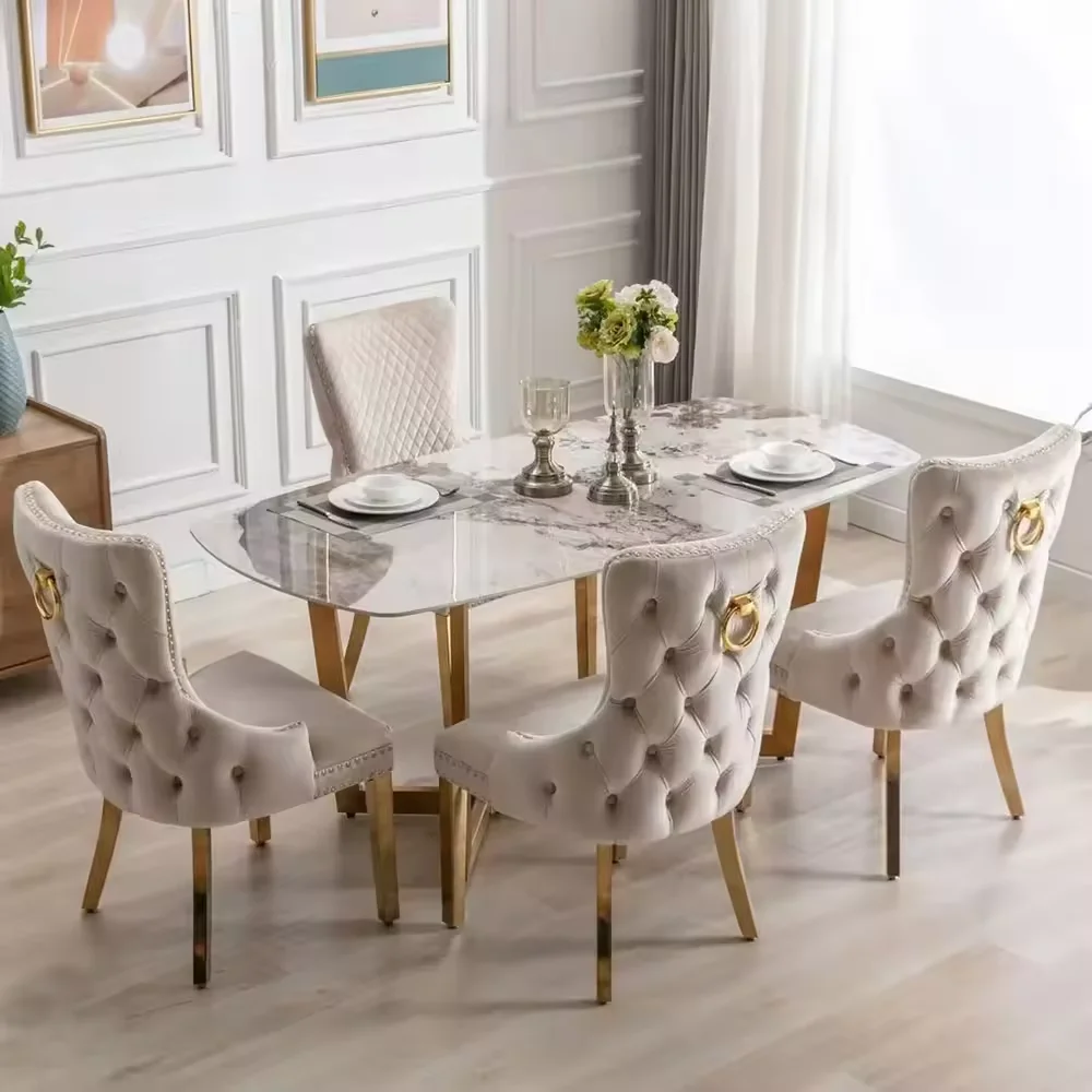 Unique Button Tufted Velvet Fabric Lion Knocker Modern Design Stainless Steel Legs Dining Room Sets of 6 Dining Chairs