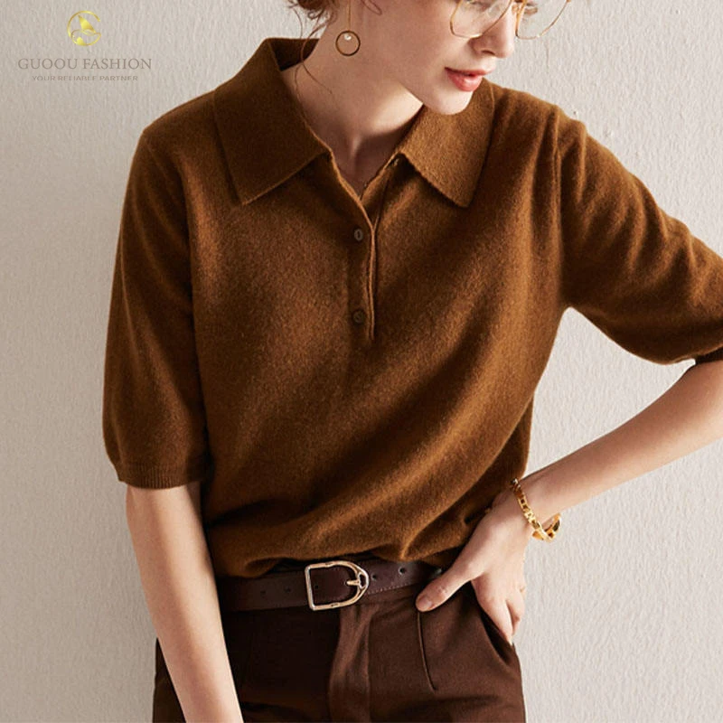 Hot sale women cashmere sweater short sleeve polo collar knitted T-shirt professional women knitted top