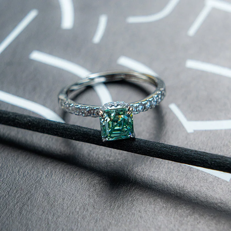 S925 Sterling Silver Ring 6mm Asscher Cut Green Moissanite Square Setting Fashion Jewelry