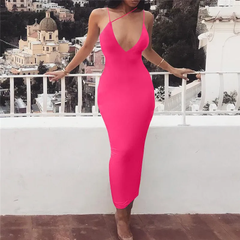Women V-neck Halter Strap Long Dress Solid Color Tight Girl Night Dress