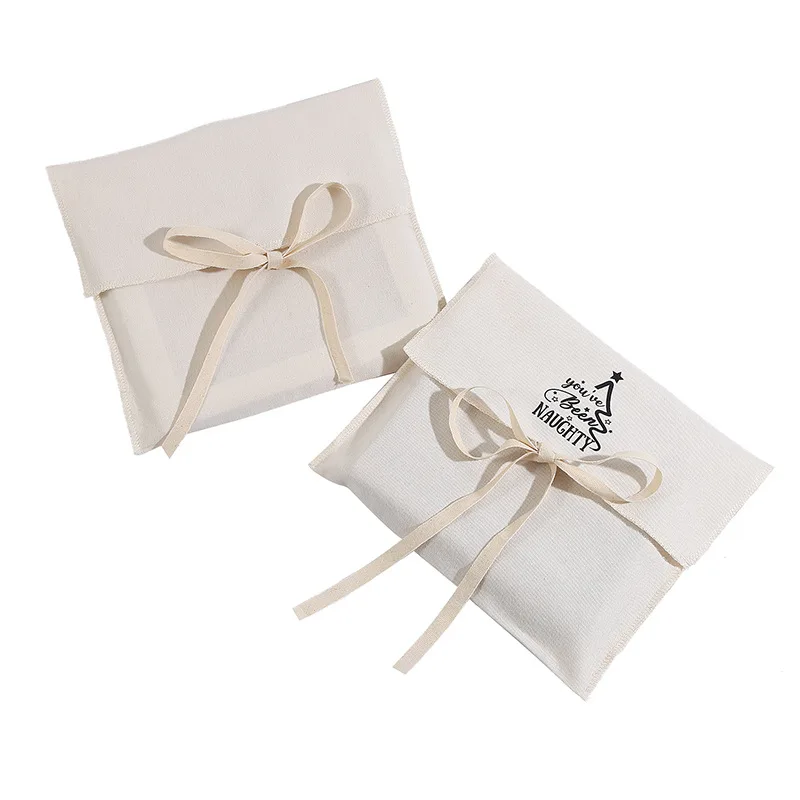Costom Logo Printing White Envelope Cotton Canvas Clothes Pillow Pouch Bag With Cotton Bow Envelope Dust Pouch