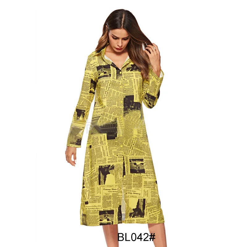 
Euramerican classic abstract newspaper printed turn-down collar long sleeve shirtdress women dresses Plus Size Loose Ladies Tops 