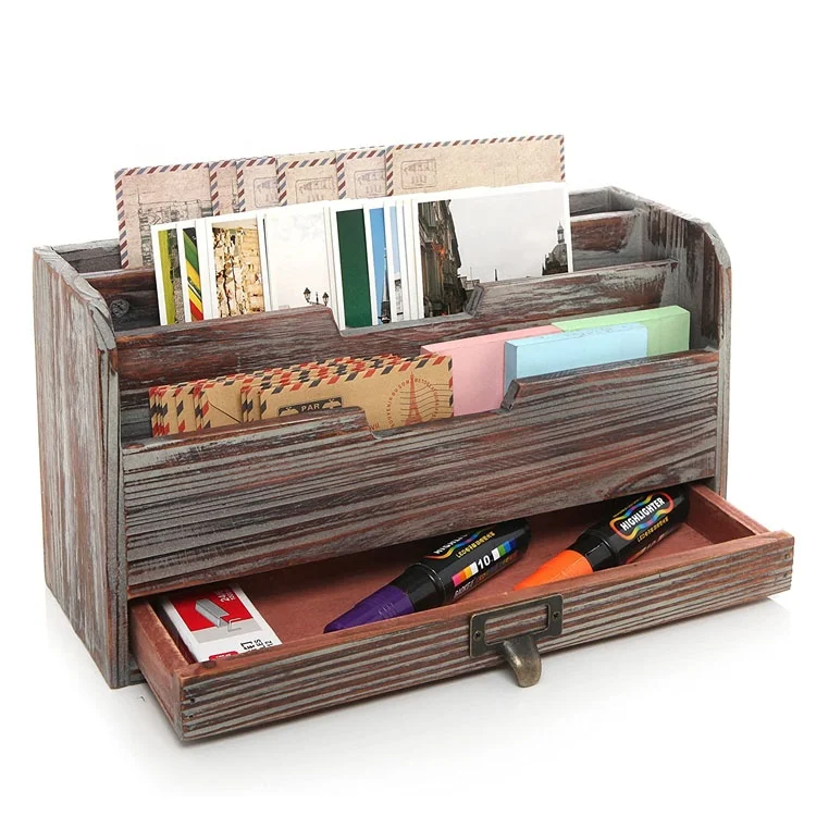 3 Tier Country Rustic Torched Wood Office Desk File Organizer with storage drawer