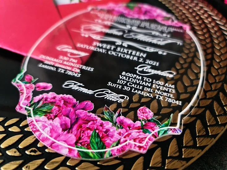 Magenta Color Flowers Printing Luxury Acrylic Wedding Invitation Card With Fuchsia Envelope