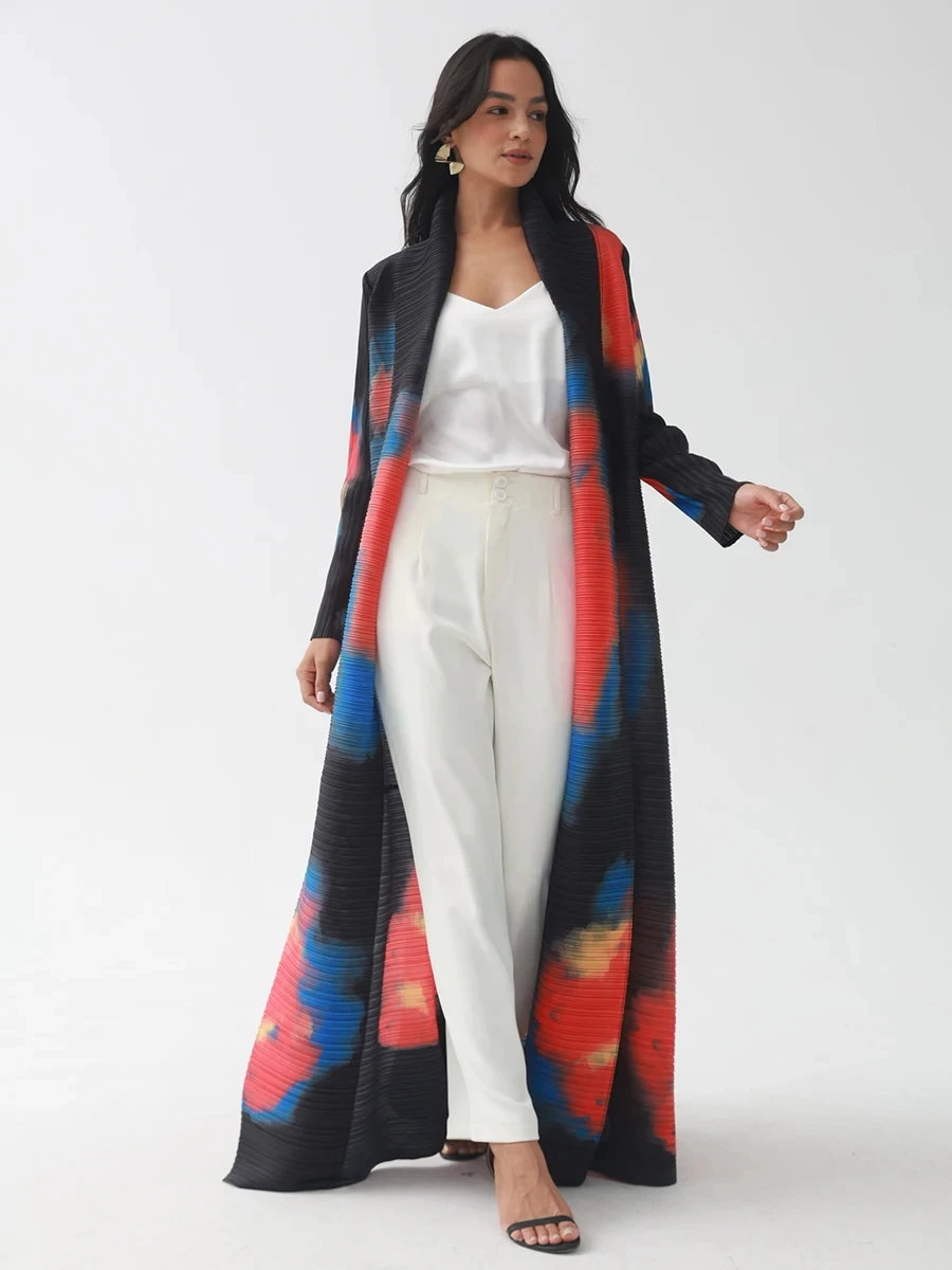 Factory Customized high quality Miyake Pleated Abaya Scarf Collar Belt Kaftan Robes Front Open Coat Women Muslim Modest Abaya