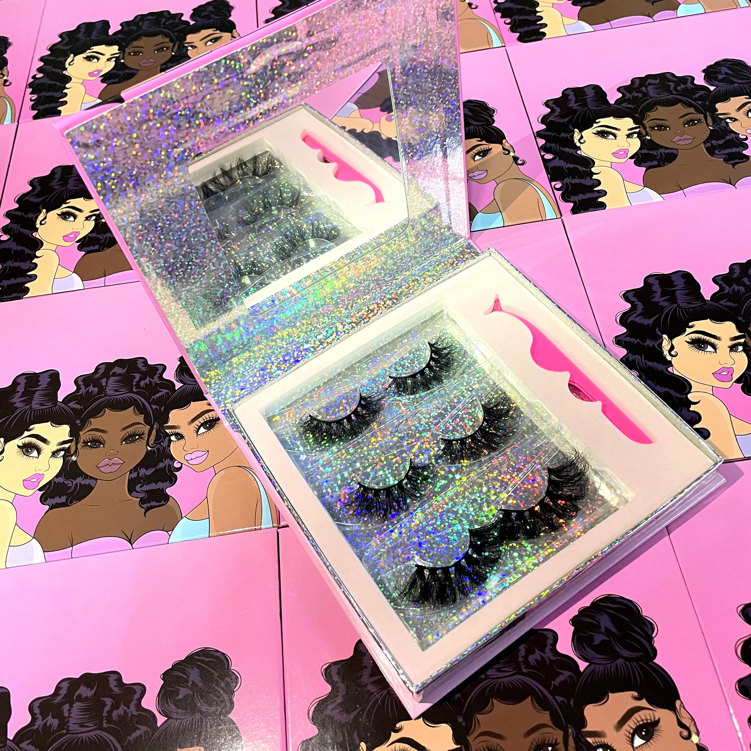 
2021 new arrivals customized full strip lashes boxes vendors empty 25mm mink eyelash book packaging with mirror 