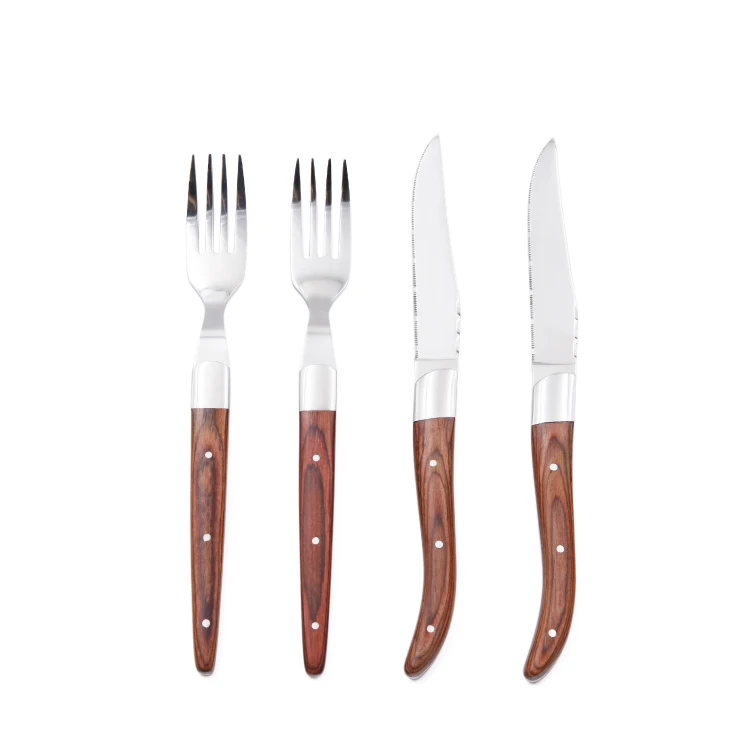 Premium 4 pieces Serrated Steak Knife and Fork Set with Pakka Wood Handle High Quality Steak Knives