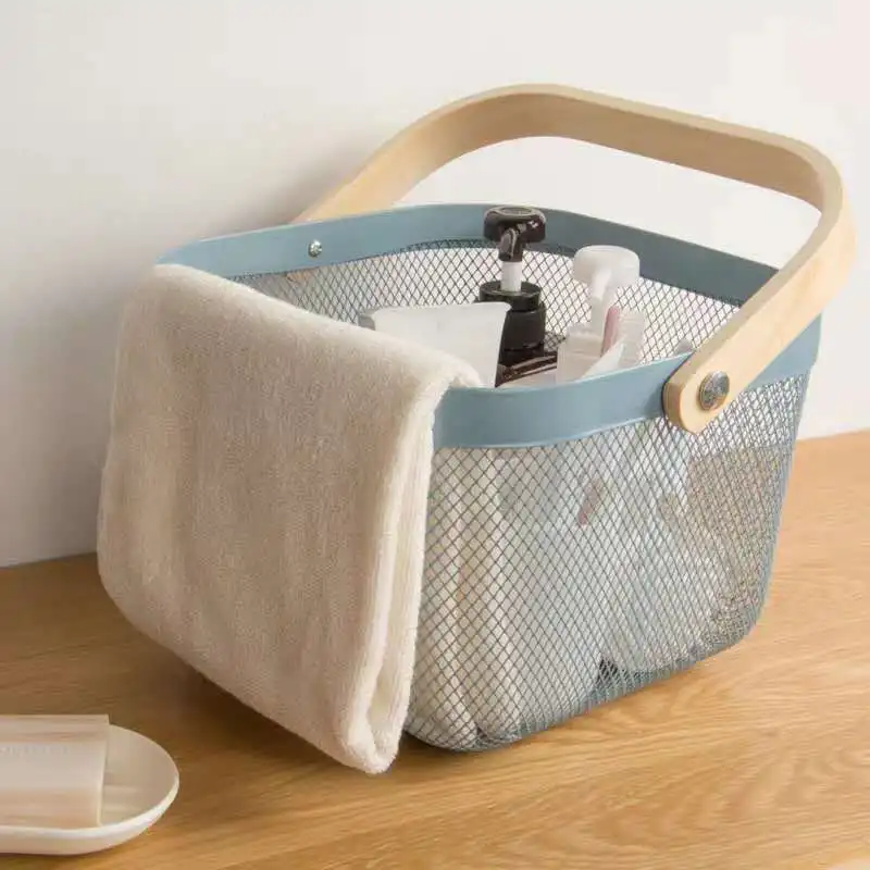 Kitchen Bathroom Pantry Cabinets Home Decor Mesh Steel Storage Organizer Basket Bin with Wood Handle