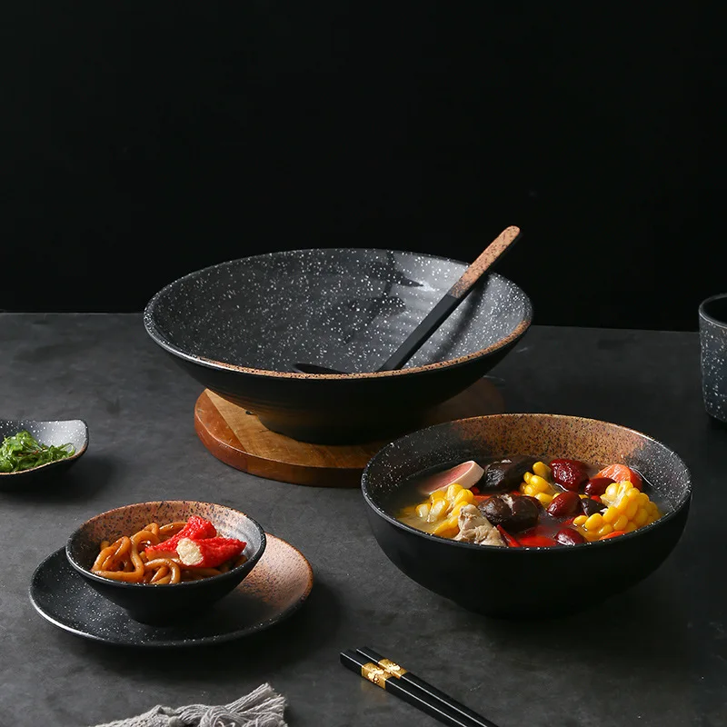 Wholesale Black Matte Dinner Set Japanese Restaurant Unbreakable Plastic Melamine Dinnerware Set Plate Dish Bowl Cup Spoon