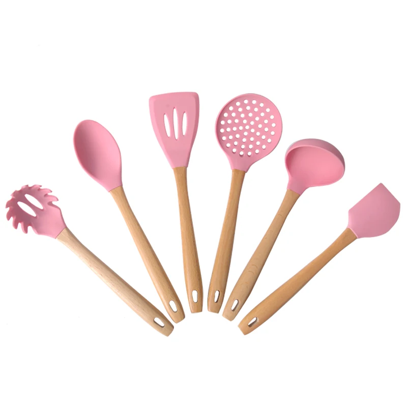 Wooden Handles Silicone Kitchen Cooking Tools Utensils Set 6pcs Silicone Scraper Spoon Oil Brush Food Grade Bamboo Color Box