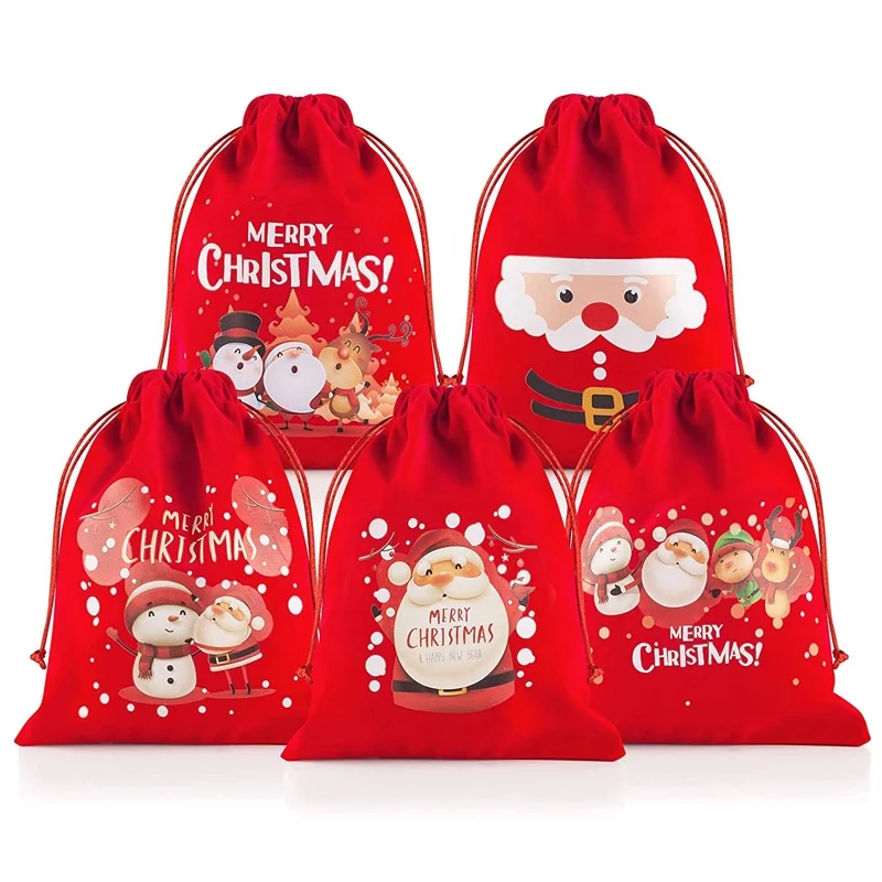 Flannel Fabric Christmas Bags Drawstring Customized Christmas Pattern Velvet Drawstring Bags Christmas Gift Bags With Red Rope