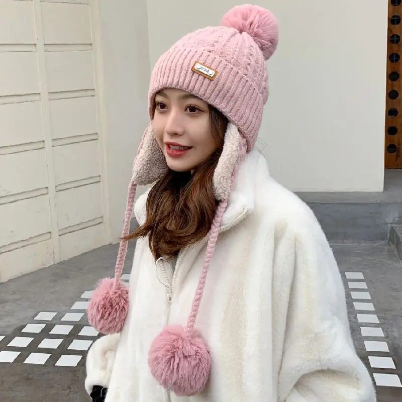 Women Six Color Warm Wool Earflap Hat Winter Outdoors Thicken Beanies Three Fur Pom Pom Knitted Hats With Leather Patch