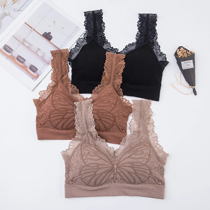 Женский цветочный кружевной эластичный укороченный топ с бабочками без косточек бюстгальтер с запахом на груди