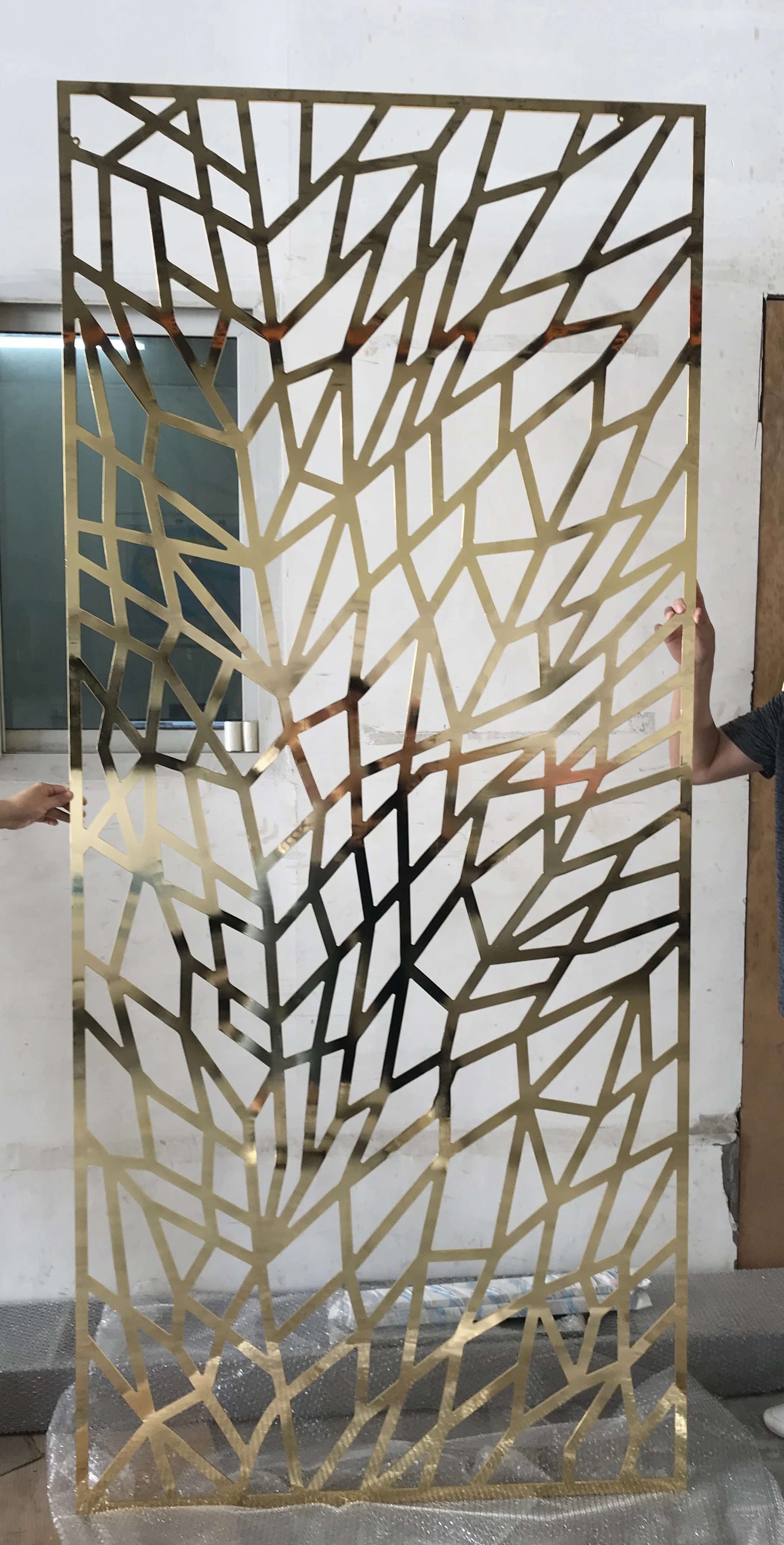 Interior sliding board of house gold wood hanging panel laser cut design aluminum wall living partition room divider movable