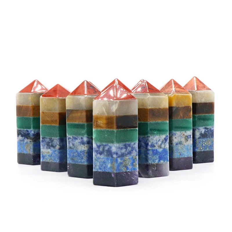 Seven Chakra Stone Points Crystal Gems Spliced Hexagonal Column Energy Tower For Spiritual Healing