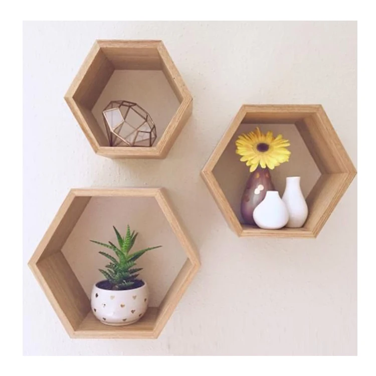 Wood Floating Shadow Box Honeycomb Hexagon Wall pine shelf