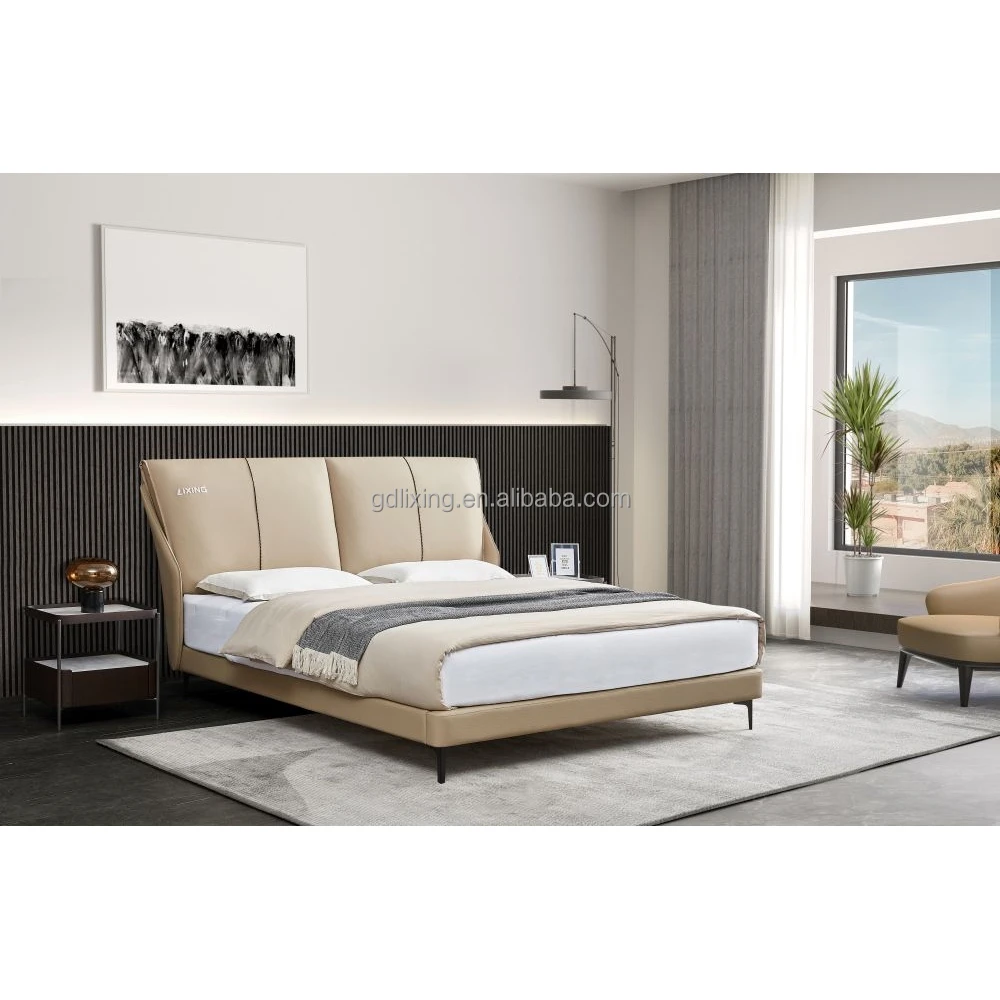 Кожаный современный простой деревянный дом, полноразмерная кровать с рамой, кровать большого размера, набор мебели для спальни, новейшие дизайны двухспальной кровати