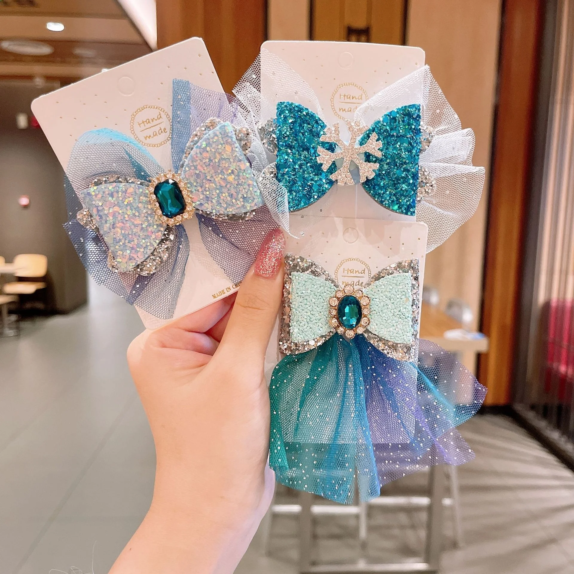 New Style Ice Princess Crown Hairpin Snowflake Bow Ribbon Hairpin Blue Crystal Girls Hairclips For Children