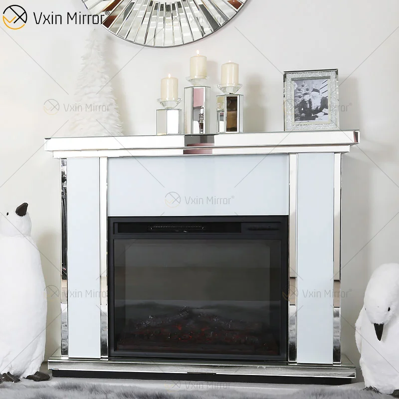 Elegant Indoor crushed diamond crystal white Glass mirror fireplace in  living room furniture