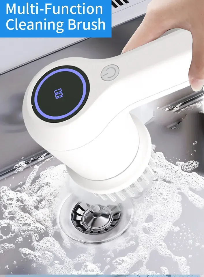Short hand IPX7 level waterproof cordless electric brush with battery display screen wireless electric spin scrubber