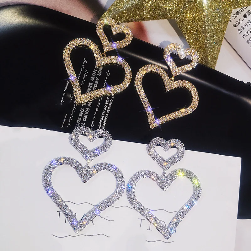 Fashion 925 Silver Jewelry Exaggerated Diamond Heart Earrings Women Double Dangling Heart Earrings Jewelry Earrings Women