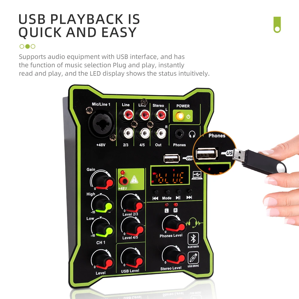 Professional 5 Channel Mixer USB Bluetooth Stage Computer Recording DJ Multi-function Audio Sound Card & Mixer