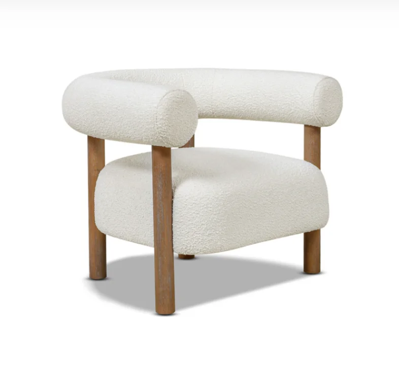 Upholstered Mid Century Modern Barrel Ivory White Boucle Accent Arm Chair living room furniture