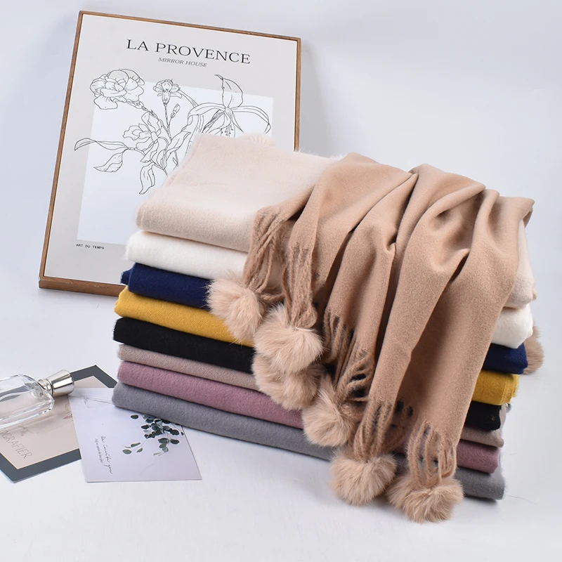 Winter New Cashmere Rabbit Hair Ball Soft Long Scarf Solid Color Shawl logo custom Women Scarf Pashmina travel wrap traum schal