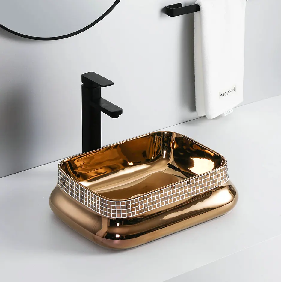 Luxury Chaozhou Ceramic Electroplating Gold Counter Top hand basins ceramic basin sink